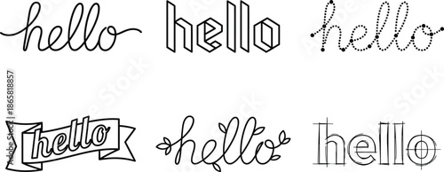 Different stylized hello text greetings in various fonts and designs on white background