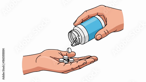 A hand pours pills from a bottle into another open hand