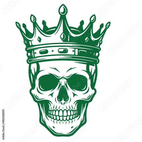 Green skull wearing a crown on white background  a symbolic illustration of a human skull with a crown on its head