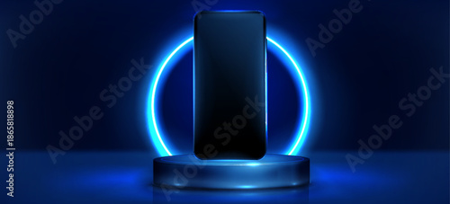 Tech podium with smartphone mockup and neon light ring on dark background. Vector realistic illustration of technology hub stage for product presentation, empty phone screen for app or website design