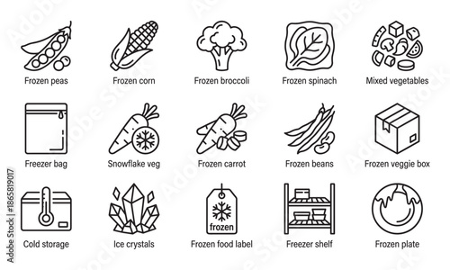 Frozen food and vegetable line icon set with preserved groceries like peas, corn, broccoli, and spinach, plus storage symbols for freezer bags, boxes, and cold temperature control