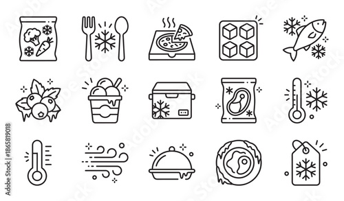 Set of black line art icons representing frozen food products like vegetables, pizza, fish, and meat, along with symbols for cold, refrigeration, and temperature
