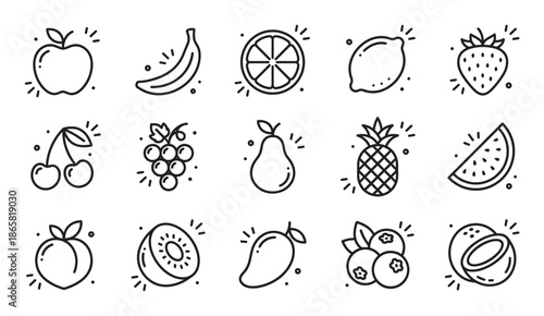 Set of fifteen black outline fruit icons in a clean, minimalist design, including apple, banana, orange, lemon, strawberry, cherry, grape, pear, pineapple, and watermelon