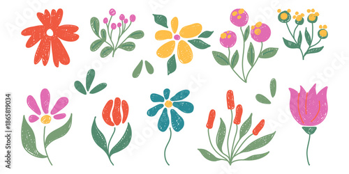 Crayon doodle flowers set isolated on white. Vector illustration of cute hand drawn pastel plants, bright color flowers design, botanical garden or wildflower field elements, greeting card decoration