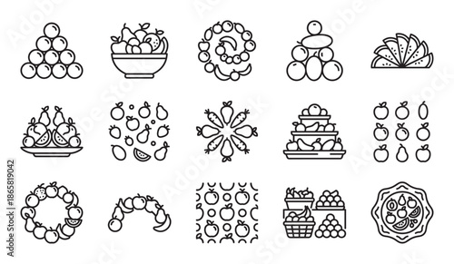 Set of fruit and vegetable icons in a minimalist line art style showing various compositions like bowls, pyramids, wreaths, and market stall displays for healthy eating concepts