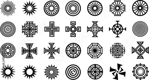 Collection of black tribal geometric sun and cross symbols set of ethnic circular decorative shapes for design, tattoo and art