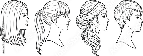 Female hairstyle side profile illustration showing different women haircuts with long hair, short hair and ponytail fashion beauty style