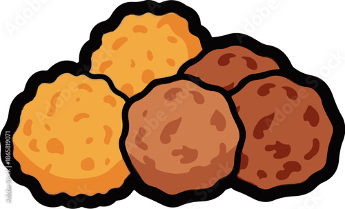 A cluster of appetizing, textured food items, some golden and some brown