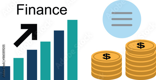Financial growth illustration with increasing bar chart upward arrow and stacked gold coins concept for investment profit economy money success