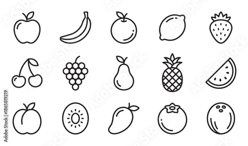 Set of fifteen fruit line icons including apple, banana, strawberry, and pineapple in a minimalist black and white vector illustration style for graphic design elements