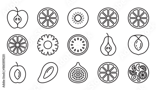 Collection of fruit line art icons showing various sliced and whole fruits like apple, orange, kiwi, and pear in a minimalist black and white graphic illustration style