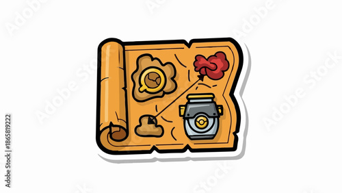 A hand-drawn treasure map depicts a rolled scroll with an illustrated path, magnifying glass, and destination