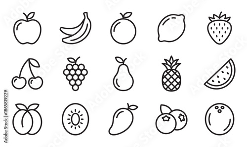 Large set of fruit line icons featuring apple, banana, orange, pineapple, and watermelon in a minimalist black and white vector style for healthy eating and nutrition concepts