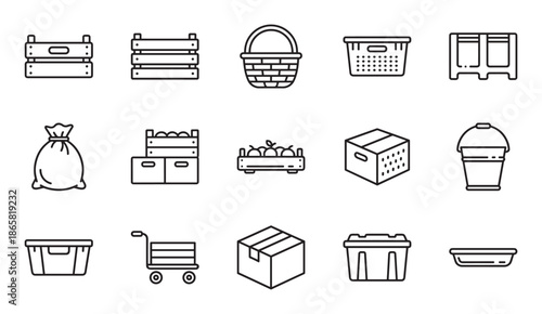 Collection of black outline container icons representing storage and transport, featuring wooden crates, baskets, cardboard boxes, sacks, and buckets in a simple, minimalist line art style