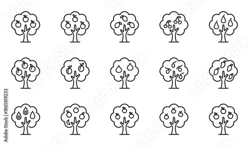 Set of fruit tree line icons showing different orchard plants with ripe apples, pears, cherries, lemons, and plums, drawn in a simple, clean, and minimalist outline style