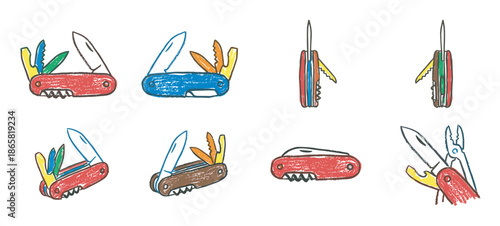 Collection of colorful hand-drawn multi-tool pocket knives shown in various open and closed positions with a sketchy, textured illustration style