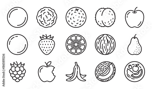 Collection of black line art fruit icons showing various healthy foods like apple, pear, strawberry, and orange in a minimalist graphic style for nutrition and diet concepts