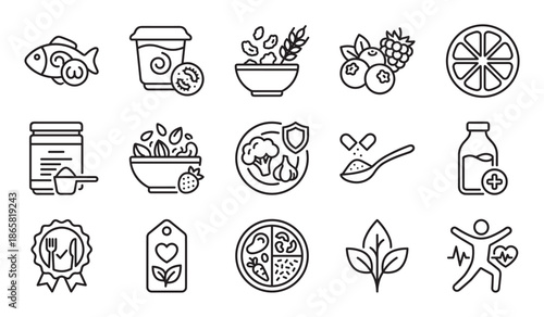 Set of healthy food and nutrition line icons showing concepts of a balanced diet, vitamins, supplements, and wellness, drawn in a simple black and white outline style