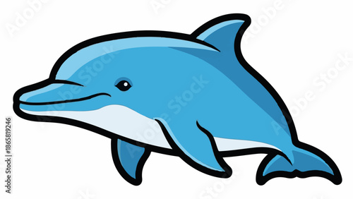 A cartoon-style blue dolphin swims with a friendly smile