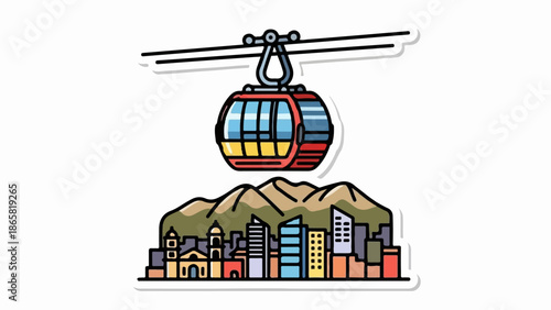 A cable car ascends over a city nestled at the base of majestic mountains