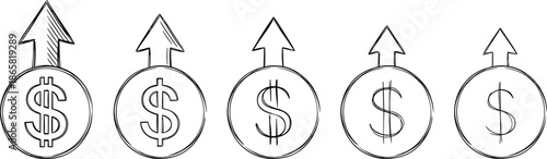 Financial growth progress concept illustration showing increasing money trend with upward arrows symbolizing profit success, business earnings and economic improvement
