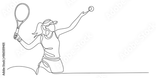 A simple one-line illustration of a tennis player getting ready to serve