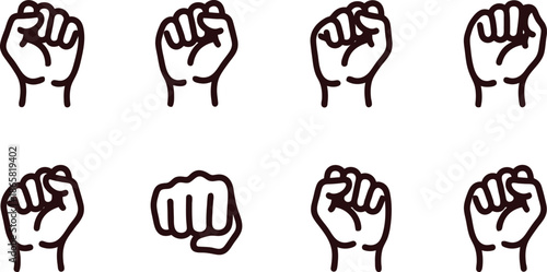 Eight brown fists in different positions on white background