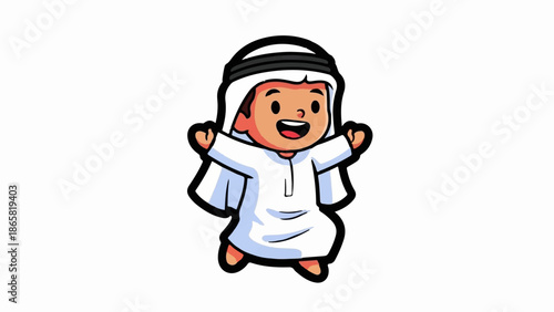 A happy cartoon boy in traditional Middle Eastern clothing jumps with joy