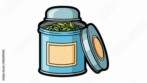 A cartoon image of an open blue tin can filled with green leaves and a label