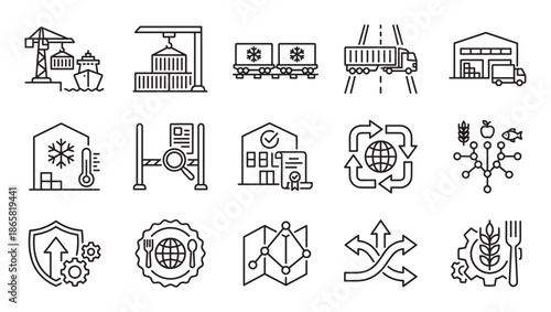 Set of black line icons for logistics and supply chain management, illustrating concepts of freight, shipping, warehousing, cold chain, and global transportation in a minimal vector style