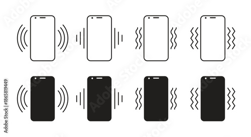 Vibrating Smartphone Icon Set Showing Notification and Alert Motion, Mobile UI Symbols in Outline and Solid Style, Vector