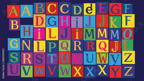 Colorful alphabet letters block pattern, educational uppercase and lowercase typography design, vibrant learning poster for kids, classroom and school decoration