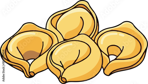 A cluster of golden, cartoon-style tortellini pasta