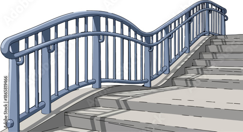 A blue handrail curves over concrete steps, casting shadows