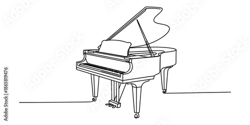 A minimalist and modern single continuous line art drawing of a grand piano