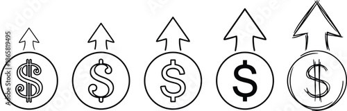 Hand drawn dollar icons with upward arrows representing financial growth, profit success, business revenue increase and economic progress concept illustration