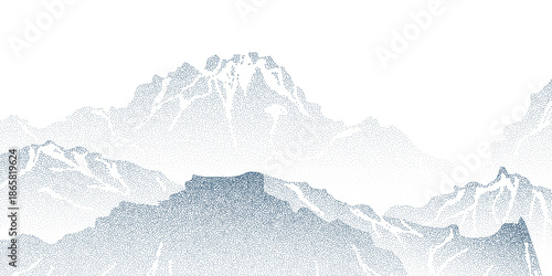 Grain mountain background with blue dot texture on white. Vector illustration of mountain ridge landscape with high summits and snow peaks, color spray effect, halftone gradient design, point art