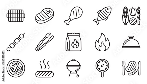 Barbecue and grilling line icon set featuring a grill, steak, chicken, fish, vegetables, kebab, tongs, charcoal, and other cooking equipment for a summer picnic or outdoor party
