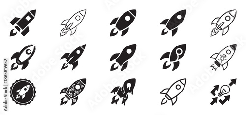 Collection of black rocket ship icons in various styles including silhouette, line art, and hand-drawn designs for concepts like startup, launch, and innovation