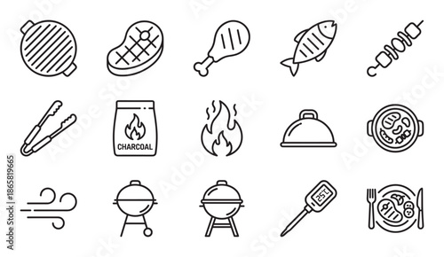 Barbecue and grilling line icon set featuring various food and equipment for outdoor cooking, including steak, fish, chicken, charcoal, and a thermometer in a minimalist vector style