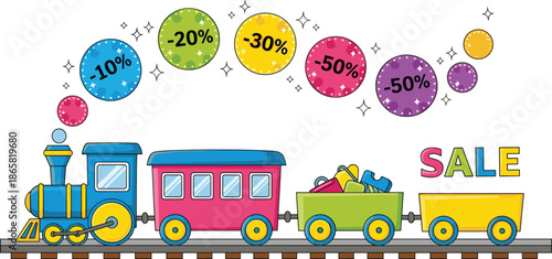 Colorful cartoon discount train with sale percentages, shopping promotion illustration for kids store, retail advertising and seasonal offer marketing