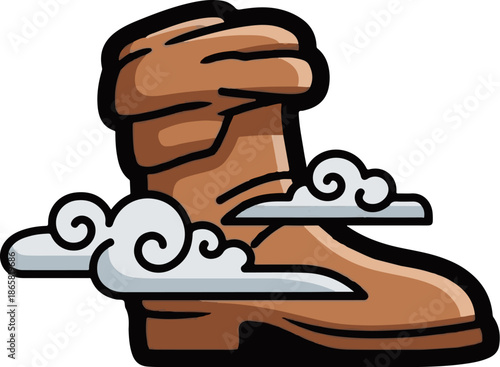 A cartoon-style brown boot with cartoon clouds surrounding it