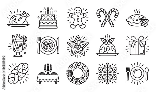 Collection of black outline holiday icons representing Christmas dinner and festive celebration symbols like a roasted turkey, cake, gingerbread man, gift, and snowflake