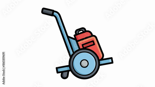 A cartoon-style depiction of a blue hand truck carrying a red container