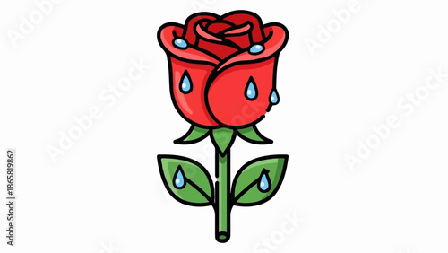 A red rose with green leaves and blue water droplets