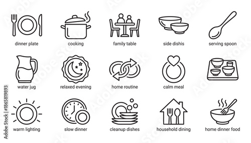 Collection of black line icons representing home dinner, cooking, and family meals, including symbols for plates, pots, tables, and household routines in a simple minimalist style