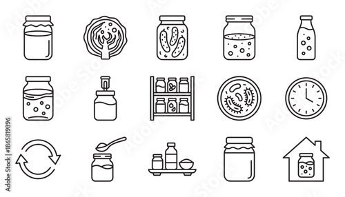 Fermented food and probiotic line icon set showing jars of pickles, cabbage, bacteria, and home canning symbols for gut health and preservation concepts in a minimalist style