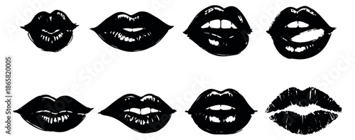 Hand drawn grunge line art lips set featuring various expressive shapes and textures for beauty, fashion, and pop art designs