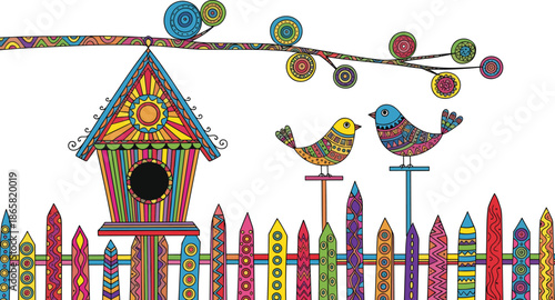 Colorful decorative birdhouse with cute patterned birds on fence branch, playful spring garden illustration, vibrant whimsical nature artwork design