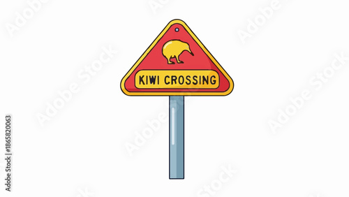 A red triangular road sign warns of a kiwi crossing, featuring the bird's silhouette